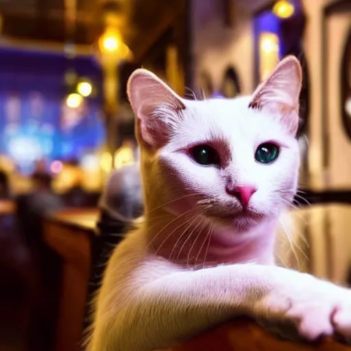 Image similar to cat with pink hair sitting in a bar smoking all alone