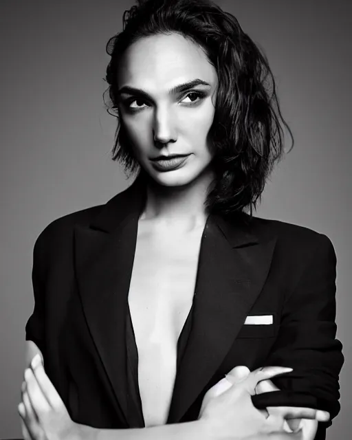 Prompt: professional head shot photograph of fashion model gal gadot wearing black suit by reza nia, nick knight, amy judd, jil sander minimal romantic heavenly elite style, posed, fluorescent makeup, beautiful, studio, studio lighting, flat natural tones, sharp focus, 8 k, very fine detail, stunning matte painting