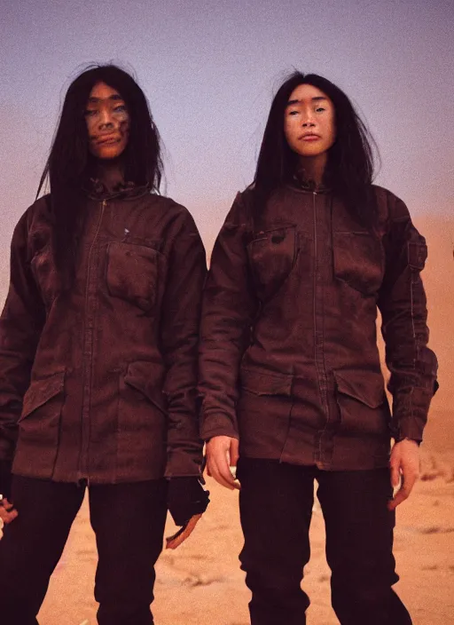 Prompt: photographic portrait shot on cinestill 5 0 d of two loving clones, women wearing rugged black techwear on a desolate plain with a red sky, closeup, diverse race, cyberpunk, in front of a brutalist dark metal facility, dust storm, 3 5 mm, 8 k, depth of field, high resolution, ultra realistic faces