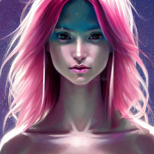 Image similar to portrait of beautiful symmetrical anime alien woman, pink hair, attractive, casual, modern, victoria's secret, highly detailed, digital painting, artstation, concept art, smooth, sharp focus, illustration, art by artgerm, greg rutkowski and alphonse mucha, 8 k,