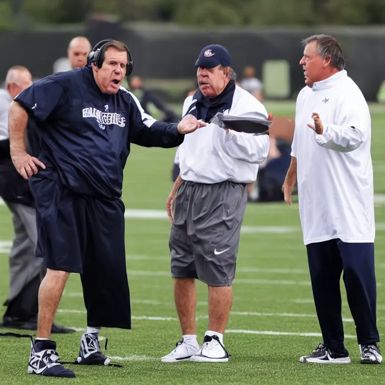 Prompt: A frustrated coach Belichick attempting to teach a visibly drunk player how to play football