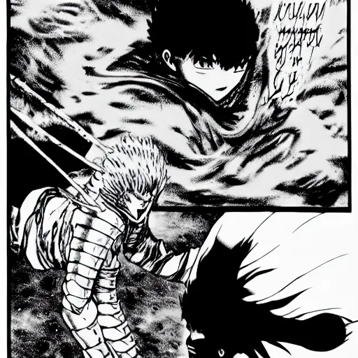 Image similar to guts killing griffith in berserk manga, black and white