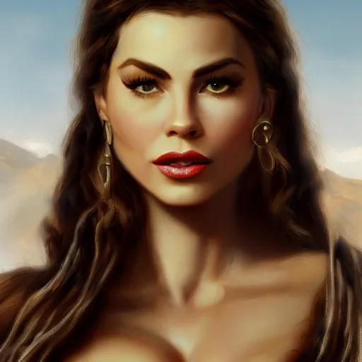 Image similar to a matte painting of sofia vergara wild west woman, oil painting, pale colors, high detail, 8 k, wide angle, trending on artstation,