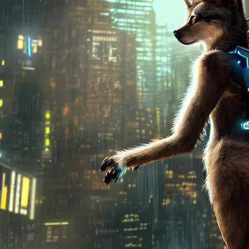 Prompt: anthropomorphic female wolf fursona wearing a tech harness in a cyberpunk city, photo realistic, ambient lighting