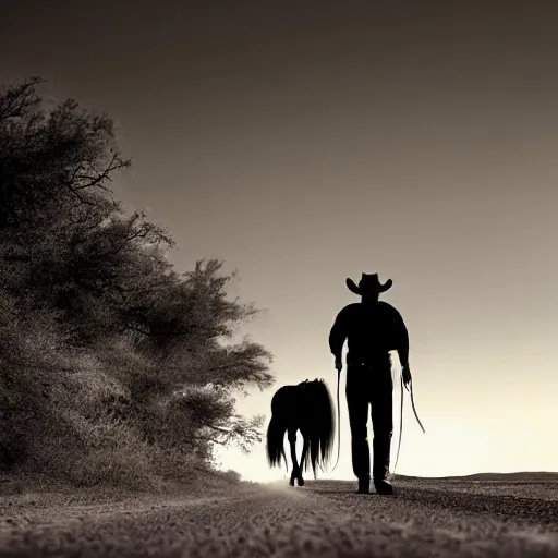 Image similar to lone cowboy walking his horse down a road into the sunset, desert, real photo, photo realism, sad