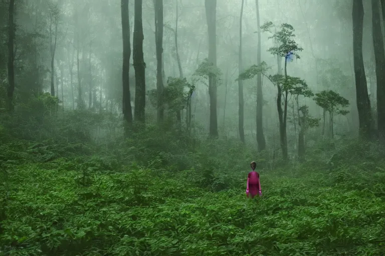 Image similar to a tourist visiting a complex organic fractal 3 d ceramic sphere floating in a lush forest, foggy, cinematic shot, photo still from movie by denis villeneuve