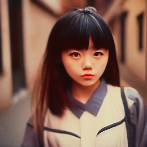 Image similar to 1990s perfect 8K HD professional photo of close-up japanese schoolgirl posing in sci-fi dystopian alleyway, at instagram, Behance, Adobe Lightroom, with instagram filters, depth of field, taken with polaroid kodak portra