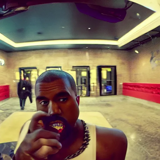 Image similar to blurry, gopro footage of kanye west eating at taco bell, cinematic, volumetric lighting, night, rain