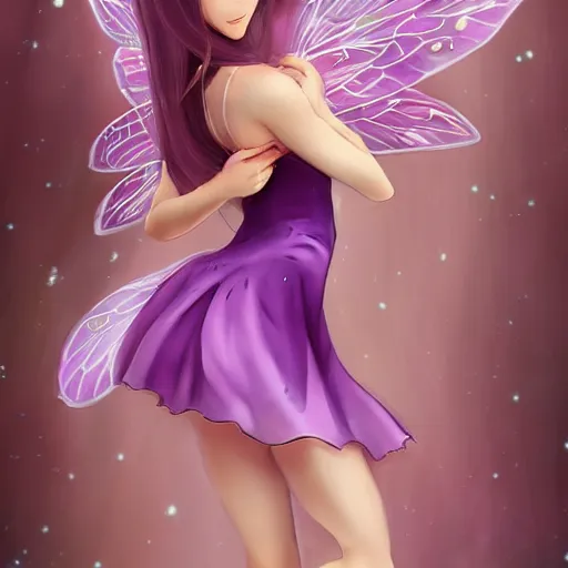 Image similar to very very very beautiful tiny fairy woman in her 20s with fairy wings wearing skintight purple dress, making eye contact, smiling, flirty, perfect body, perfect face, drawn by WLOP