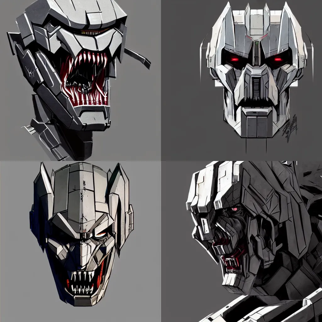 Prompt: Portrait of G1 Megatron (humanoid face and handsome) Snarling by WLOP and Ashley Wood, very detailed, concept art, Artstation, (brave Police J Decker)