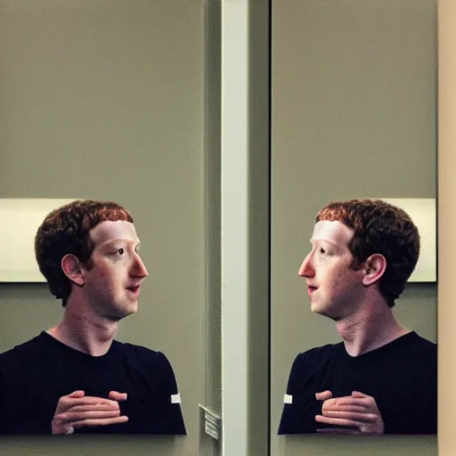 Image similar to “stunning serene photo of Mark Zuckerberg looking into a mirror and his reflection is a reptilian, oil on canvas, masterpiece, realism, piercing gaze”