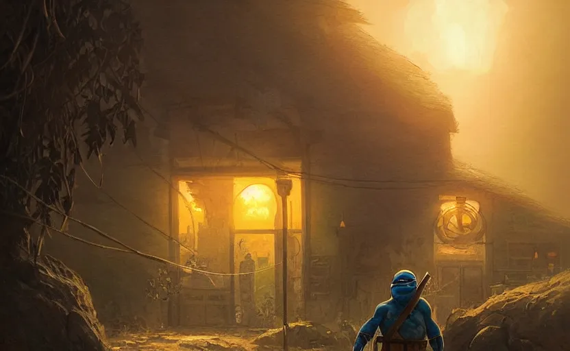 Image similar to painting of ninja turtle at sunset, natural light, concept art, by greg rutkowski, cozy atmospheric and cinematic lighting