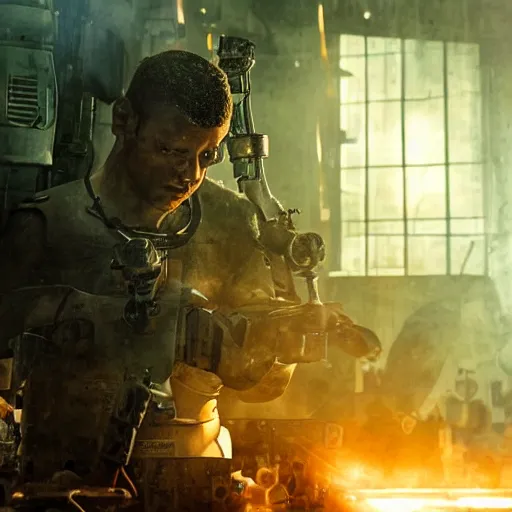 Image similar to augmented human repairing weapon made from old egg beater, dark messy smoke - filled cluttered workshop, dark, dramatic lighting, orange tint, cinematic, highly detailed, sci - fi, futuristic, movie still from blade runner