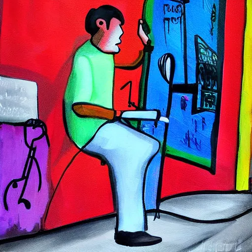 Prompt: guy listening to music bus stop notes colorful painting