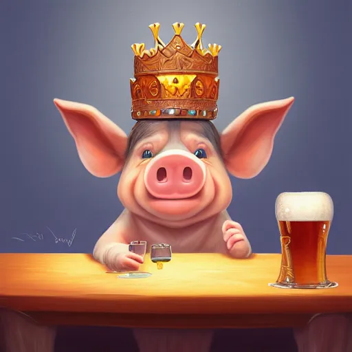 Prompt: a cartoonish cute anthropomorphic pig wearing a crown drinking a beer sitting at a table in antartica, magical atmosphere, trending on artstation, 30mm, by Noah Bradley trending on ArtStation, deviantart, high detail, stylized portrait