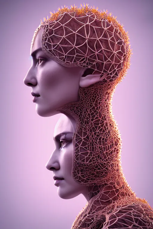 Prompt: intricate hyper detailed ultra sharp 3 d render of a beautiful porcelain biomechanical woman profile portrait, large pore fungi embroidered, cyberpunk art nouveau, haute couture leaves stems blooming dahlia transparent fractal dandelion yellow pistil filigree roots, intricate details, octane render, volumetric cinematic lighting, vray tracing, 8 k post - production