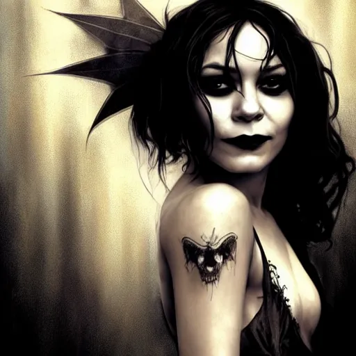 Image similar to beautiful portrait of vanessa hudgens as death from sandman, smiling, by cedric peyravernay, alphonse mucha, by jeremy mann, by lecouffe deharme, goth chic, soft lightning, eyeliner, punk rock, high detailed, 8 k