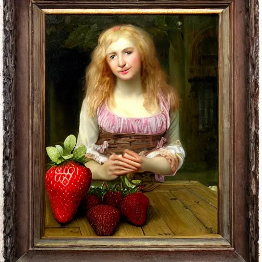 Image similar to A beautiful Blonde Woman with Locks selling strawberries in the style of Sophie Anderson, Portrait