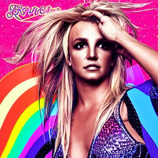 Image similar to a. Britney Spears album cover for a rainbow pop album