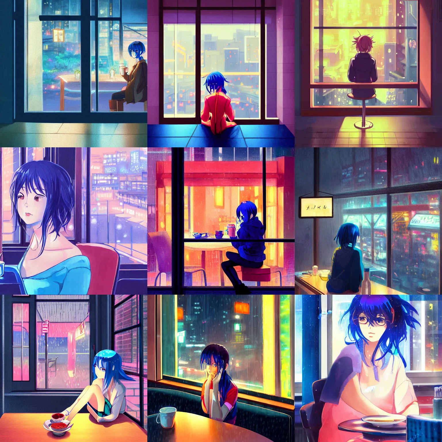 Prompt: beautiful anime painting of a woman with dark-blue hair sitting in a cafe next to a window on a rainy night, outside are neon lights from a dense city, by makoto shinkai, kimi no na wa, artstation, atsmospheric, high detail