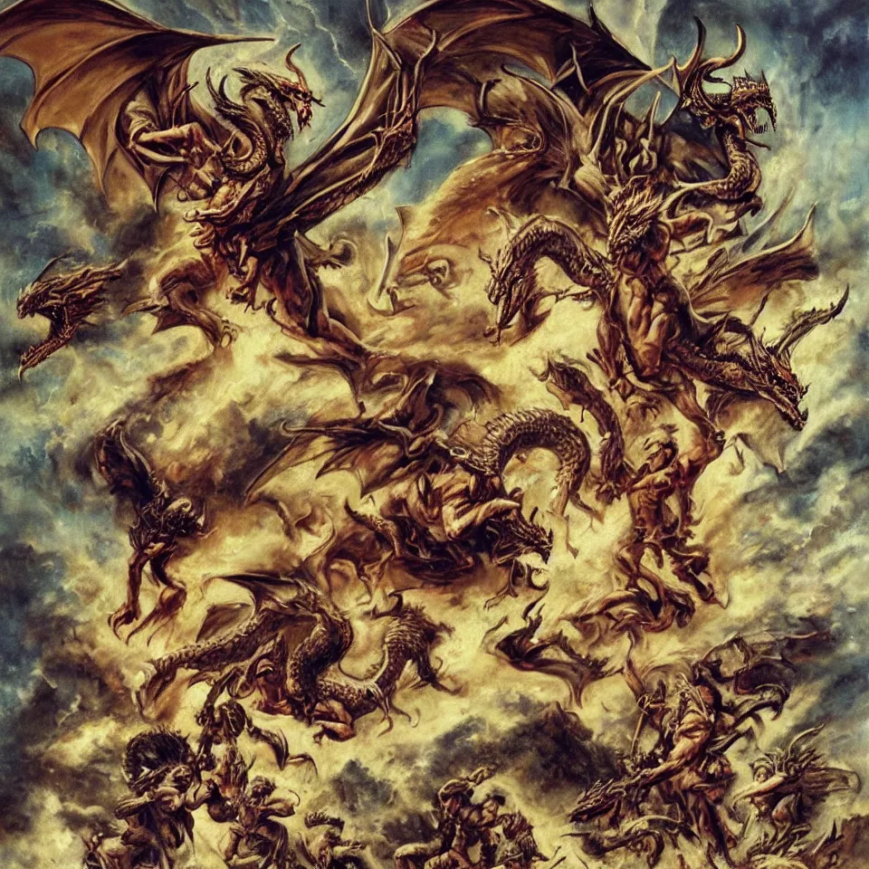 Prompt: There was war in heaven, Michael and his angels fought against the dragon, and the dragon fought and his angels, and prevailed not, neither was their place found any more in heaven. And the great dragon was cast out, that old serpent, called the Devil, and Satan, which deceived the whole world, he was cast out into the earth, and his angels were cast out with him. Acrylic on Canvas.