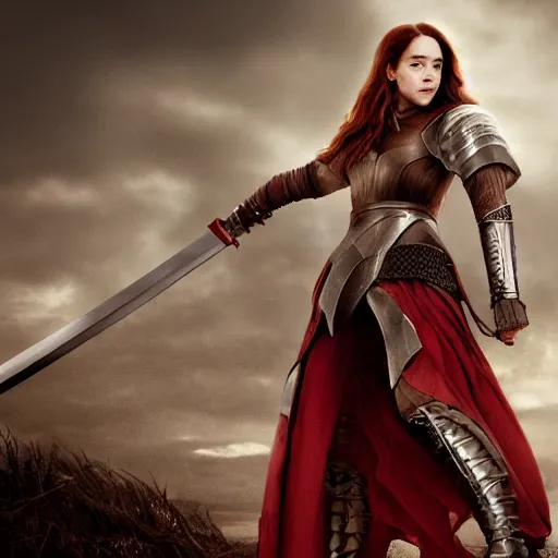 Image similar to emilia clarke, as a medieval fantasy character, with dark reddish hair, wearing light, silver armor and red clothing, tan complexion, holding a longsword, slightly smiling, noble, cinematic, gloomy, realistic, digital art, character art, 8 k