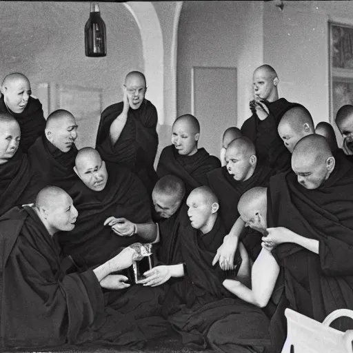 Image similar to group of monks worshiping a bottle of buckfast