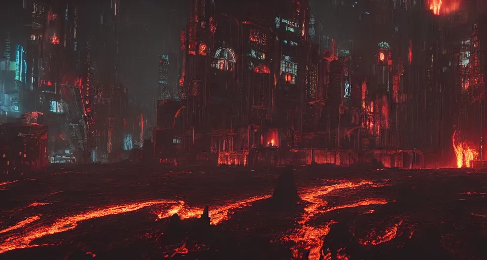 Image similar to a cyberpunk medieval gothic dark-ages city, rich contrast, fivr lava-twisters, feeling of grimdark and gothic horror, explosions and fire, hyperrealistic, octane render, unreal engine, Cryengine 8k UHD