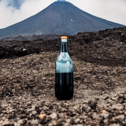 Prompt: symmetrical photo of bottle standing in front of volcano