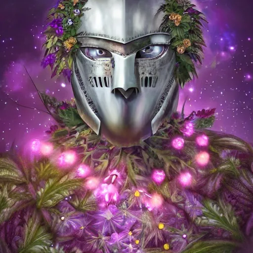 Image similar to a male knight, stern face, clear eyes, in a dark forest, shining armour made of steel and flowers, and fractal flowery hair in a fractal garden, glowing delicate flower, berries and ferns that grow in a dark fantasy forest, full frame,