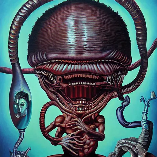 Prompt: Xenomorph painting by Mark Ryden and Alex Gross, Todd Schorr highly detailed