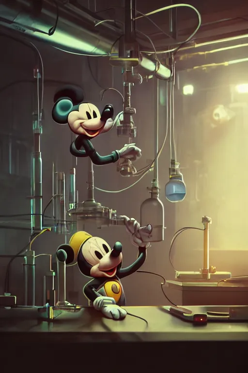 Image similar to mechanics scientist in lab facility looking at bloody mickey mouse head lifted by claw,, made by beeple, cgsociety, artgerm, greg rutkowski, highly detailed intricate 4 k art, low light cinematic, octane render, unreal engine, smooth concept art