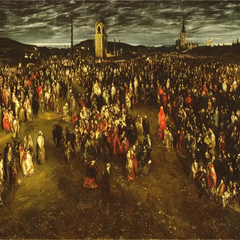 Image similar to A Holy Week procession of souls in a Spanish landscape at night. A figure at the front holds a cross. El Greco, John Atkinson Grimshaw.