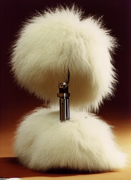 Prompt: realistic photo of a a medieval brushwood archeology scientific equipment device made of brushwood, with white fluffy fur, by dieter rams 1 9 9 0, life magazine reportage photo, natural colors