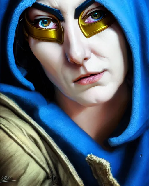 Image similar to ana from overwatch, blue hooded cloak, eye patch, older woman, character portrait, portrait, close up, highly detailed, intricate detail, amazing detail, sharp focus, vintage fantasy art, vintage sci - fi art, radiant light, caustics, by boris vallejo