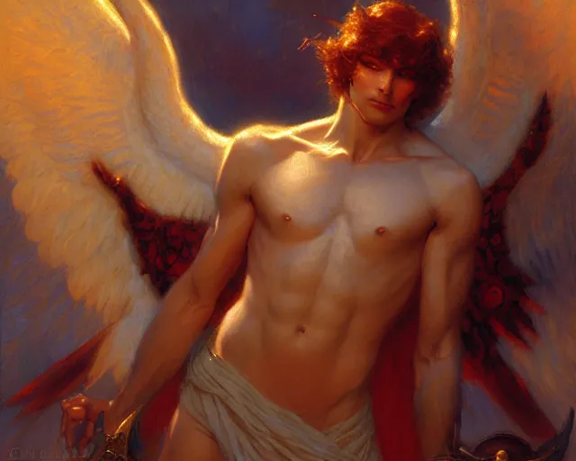 Image similar to attractive angel male deity, casting magic, summoning handsome lucifer morning star. highly detailed painting by gaston bussiere, craig mullins, j. c. leyendecker 8 k