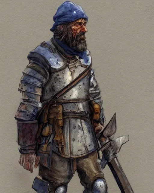 Image similar to a oil / watercolor painting full body character portrait of a homeless soldier / knight in the style of moebius in the style of leonard boyarsky trending on artstation deviantart pinterest detailed photorealistic highlights and shadow hd 8 k post - processing high resolution