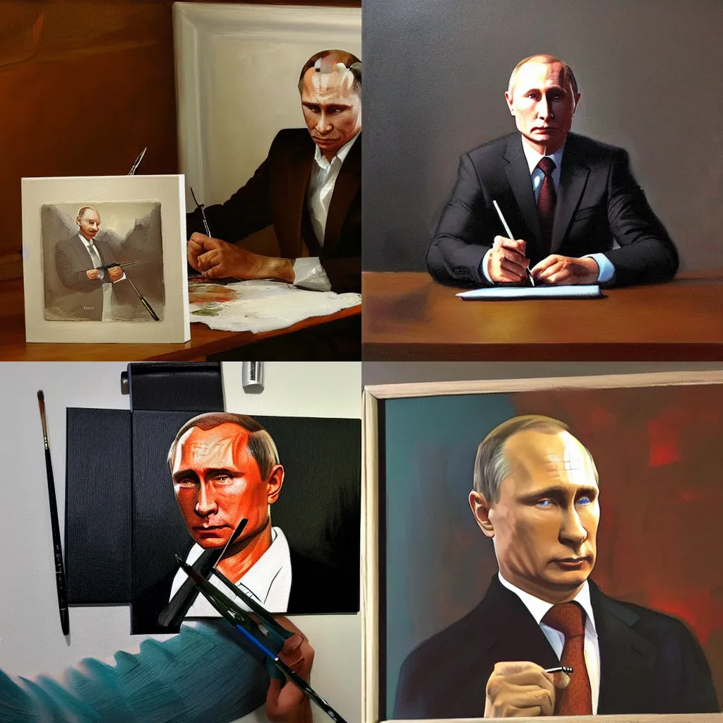 Prompt: vladimir putin painting a self portrait on the canvas, artstation