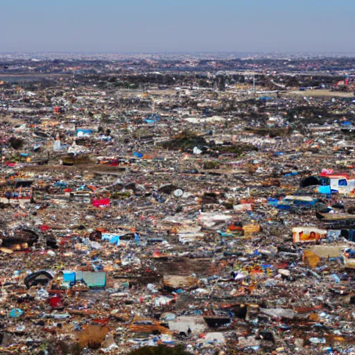 Prompt: vast panoramic view from building height of a landscape full of junkyards, garbage heaps and recycled electronic gear all covered in a thin layer of transparent strawberry jelly