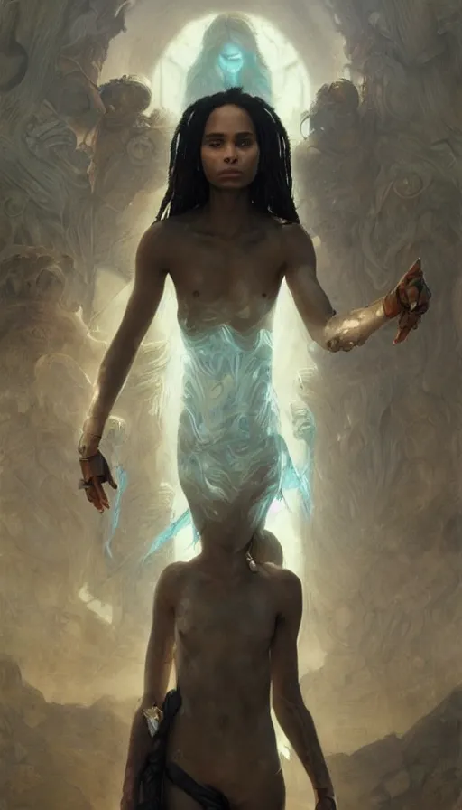 Image similar to epic masterpiece zoe kravitz, sweaty skin, hyperrealistic, octane render, cinematic, beautiful face and flawless skin, perfect hands, 5 fingers, by edgar maxence and ross tran and michael whelan, legends of runeterra