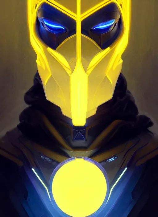 Image similar to symmetry!! portrait of man with black hood, sci - fi, tech wear, blue and yellow glowing lights!! intricate, elegant, highly detailed, digital painting, artstation, concept art, smooth, sharp focus, illustration, art by artgerm and greg rutkowski and alphonse mucha