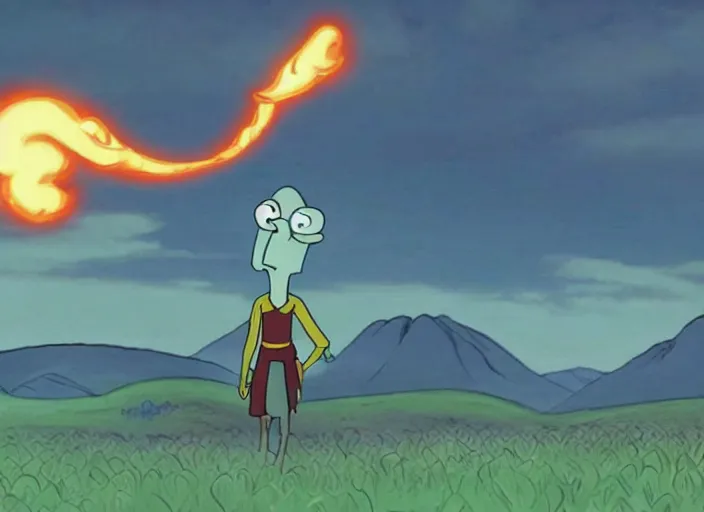 Image similar to squidward practicing firebending in an open field at susnset, screenshot from animated tv show'avatar : the last airbender'