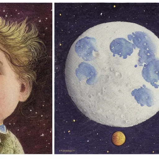 Prompt: celestial smiling moon candid portrait, surrounded by clouds, illustrated by peggy fortnum and beatrix potter and sir john tenniel