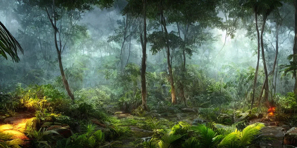 Image similar to tropical jungle, wall wood fortress, borderland style, Hyperrealistic CGI, Photorealistic, cinematic, volumetric lighting, fanart on ArtStation concept art