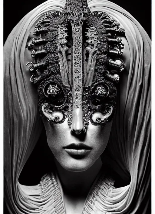 Prompt: a beautiful glamour intricate bio - mechanical feminine profile face with long neck, by h. r. giger, 1 9 3 0, glamor shot, tri - x 4 0 0 tx, closeup, high contrast, 1 6 k, rim lights, rembrandt lighting, reflective, insanely detailed and intricate, hypermaximalist, elegant, ornate, hyper realistic, super detailed