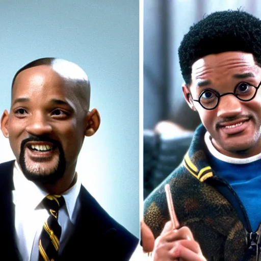 Prompt: Harry Potter next to Will Smith in Fresh Prince of Bell Air