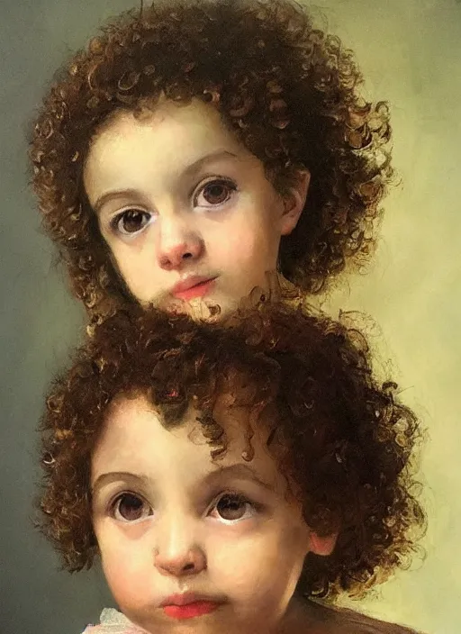 Prompt: baroque painting of a little girl with short brown curly hair. highly detailed, dramatic lighting, intense shadows, rich deep colours, by virginia vezzi