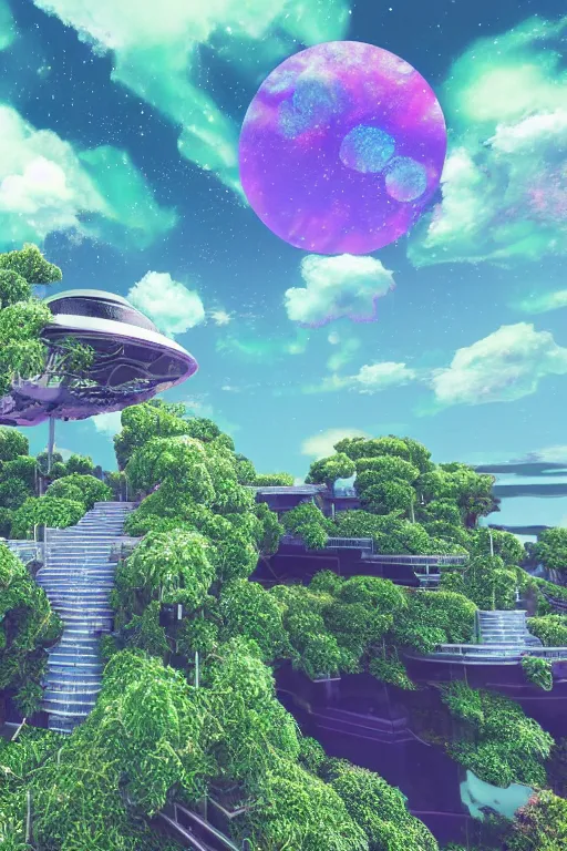 Image similar to multi level botanical garden spaceship floating in space, calm, tranquil, faded effect, detailed, vaporwave colors, render by substance designer