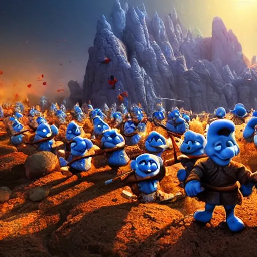 Prompt: hundreds of blue smurfs fighting hundreds of red smurfs with medieval weapons battling on an epic battlefield with a desolate rocky plateau, moon shining golden light, miniaturecore, supremely digital, medieval, pixar render, super detailed, outstanding detail, dreamlike lighting, god rays