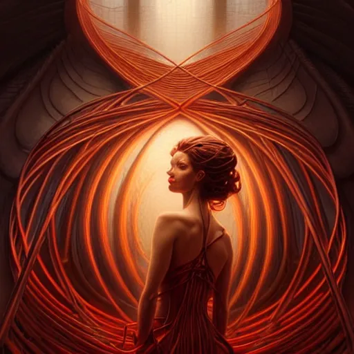 Image similar to low angle shot of a woman seen from the back with red wires , intricate, elegant, highly detailed, centered, digital painting, artstation, concept art, smooth, sharp focus, illustration, artgerm, Tomasz Alen Kopera, Peter Mohrbacher, donato giancola, Joseph Christian Leyendecker, WLOP, Boris Vallejo